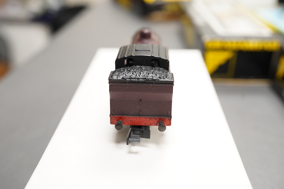 Thirteen N gauge railway by Graham Farish, etc., including two locomotives; a BR Class 4 0-6-0 tender locomotive, 4232, and an LMS 0-6-0T locomotive, 16389, together with two bogie coaches, eight freight wagons, and a Pe